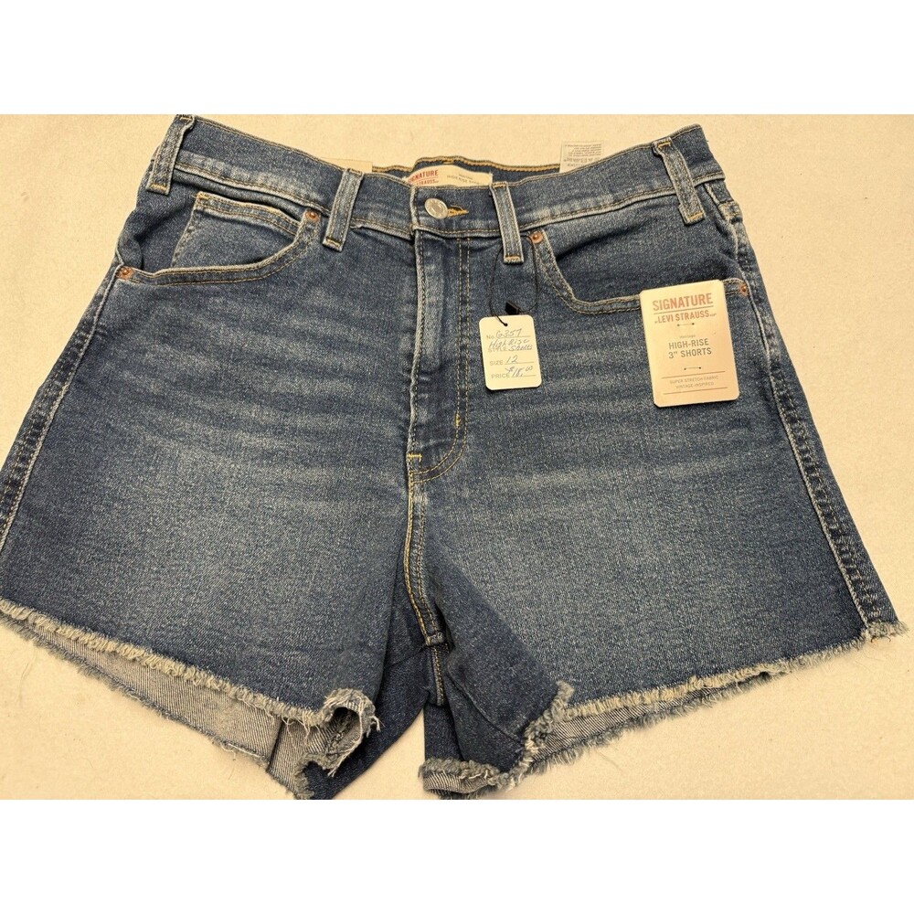 Women’s Levi Heritage Blue Denim High Rise Stretch Fringe Jean  Shorts Sz 12 New
